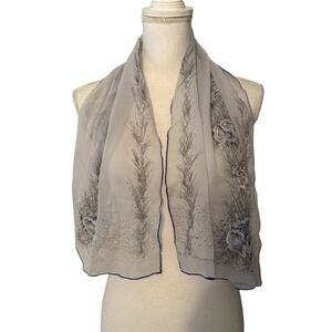 Blue Polyester Chiffon Style Scarf Blue Roses Winter Evergreen Rectangle Vtg